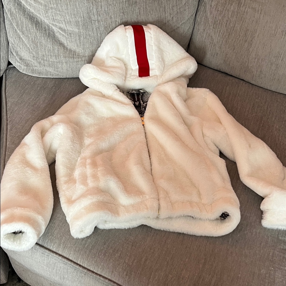 Cozy White Womens Large Jacket with Red Stripe